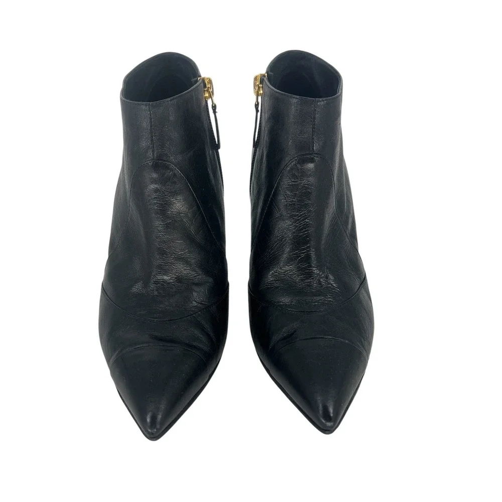 Chanel Pearl‎ CC Cone Heel Ankle Boots Black Leather Pointed Toe Size 39.5